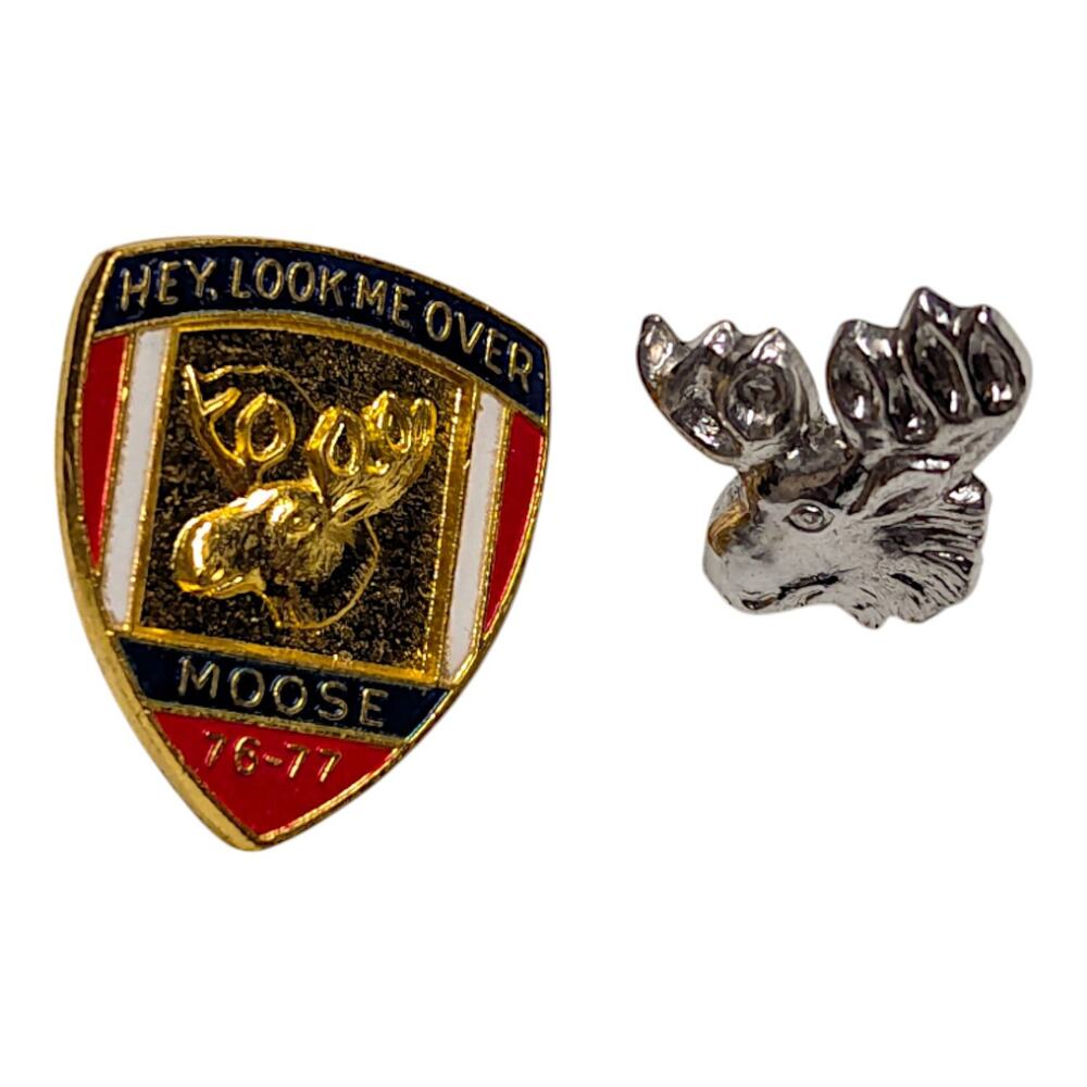 Moose Lodge Vtg Hat Lapel Pin Lot Hey Look Me Over Crest 1976 1977 Silver Moose